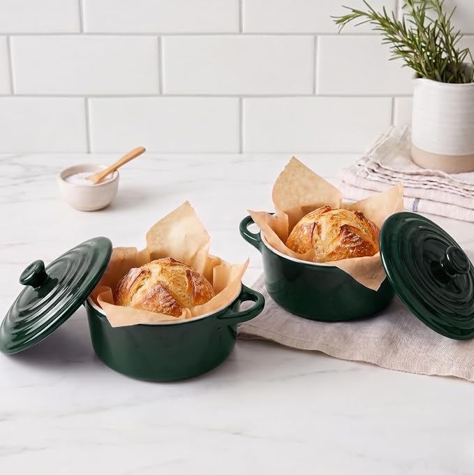 Kook Mini Cocotte, Lids, Handles, Dutch Oven, Set of 4, 12 oz, Forest Green | Individual Baking Ramekins, Microwave Dishwasher Safe Stoneware, Small, Bread, Sourdough, Souffle, Casserole, Oven Safe 500F