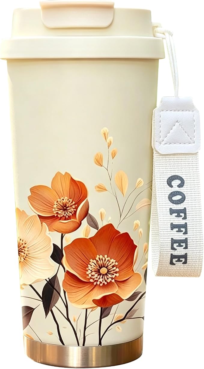 [2-IN-1 LID] Travel Mug,Coffe mug,Coffe cup,Ceramic coating Lined,316 Stainless Steel,BPA Free,Vacuum Insulated Tumbler for Water, Iced Tea or Coffee, Smoothie and More (Flower-three, 18 Ounces)