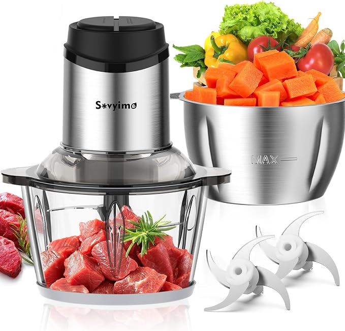 Sovyime Food Processor, 2‑Speed Electric Food Chopper & Small Meat Grinder | With 8Cup Stainless & 8Cup Glass Bowls, 2 Bi-Level Blades&. Great for Onion, Baby Food, Garlic, Nuts, Fruit, and Vegetables.