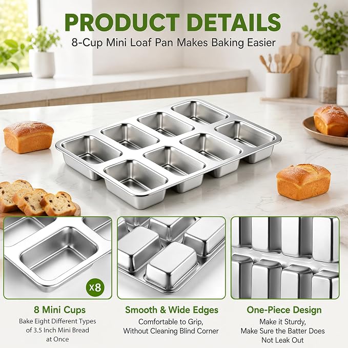 P&P CHEF 8 Cavities Mini Loaf Pans, Loaf Bread Pan for Baking Bread,2 Pcs | Mini Bread Pans Tins for Even Baking, Healthy & Non Toxic, Oven Safe & Dishwasher Safe , For Bread Meatloaf Cake Brownies