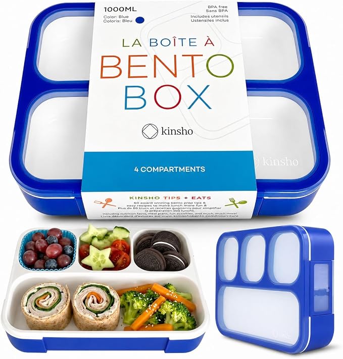 kinsho Bento Lunch Box for Kids Boys Adults, Portion Control Meal Container with 4 Divided Compartments, BPA Free Snackle Snack Food Container for School Work Travel, Utensils, Blue