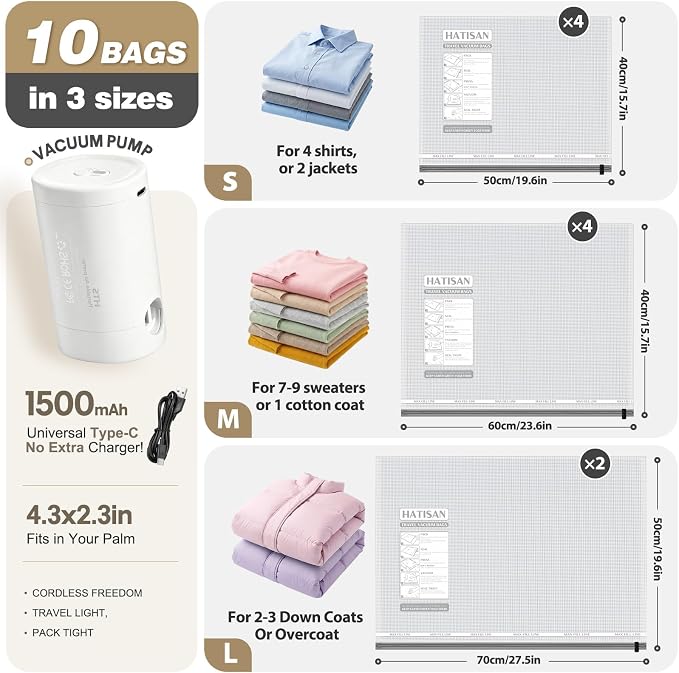 10pcs Vacuum Seal Bags for Clothing Travel with Rechargeable Electric Pump, Space Saver Vacuum Storage Bags for 3-5 Days Travel, Reusable Compression Bags for Luggage Home(10pcs Checkered)