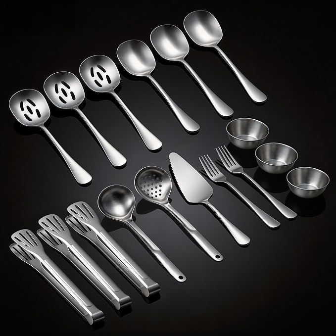 Serving Utensils Set for Partie, Stainless Steel Metal Serveware Flatware Large Serving Spoons, Slotted Spoons, Forks, Tongs, Soup and Skimmer Spoon, Cake Server for Buffet, Party, Catering