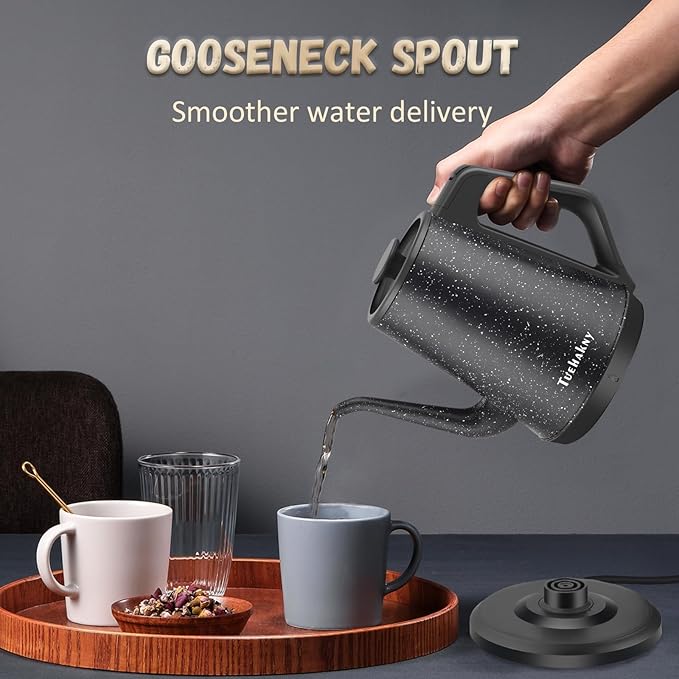 Gooseneck Electric Kettle 1L, 1000W Stainless Steel, Black | Precise Pour Over Coffee & Tea, Auto Shut-Off, BPA-Free, Black Star Design, for Dorm & Office