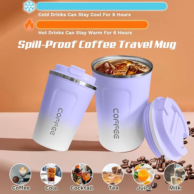 SPLMIFA Travel Coffee Mug Leak-Proof, Reusable Coffee Cups with Lid, Stainless Steel Vacuum Insulated Coffee Tumblers, Thermal Insulation Cup for Men & Women Hot & Cold Drinks(2nd-Purple White, 12OZ)