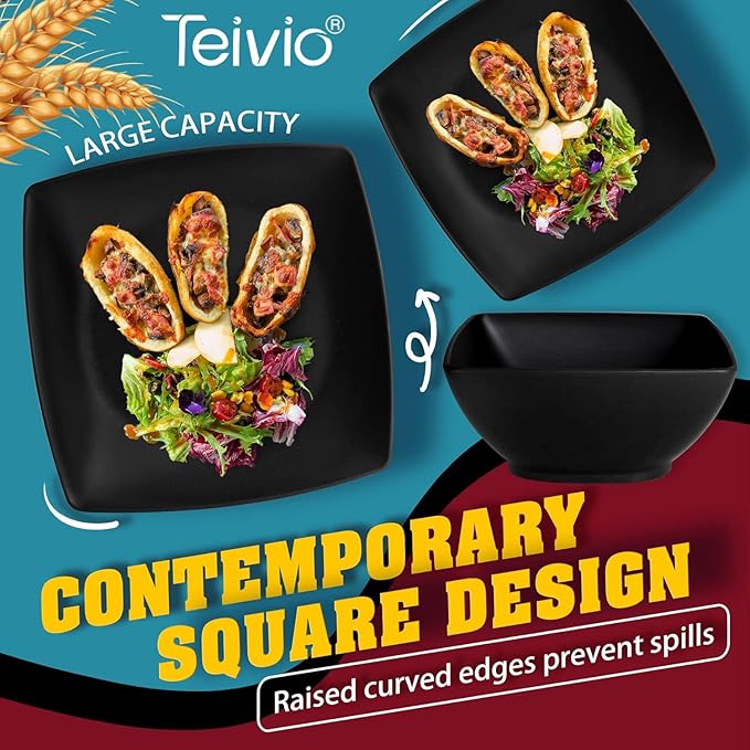 Teivio 32-piece Plastic Wheat Straw Square Dinnerware Set for 8, Unbreakable Dinner Plates, Salad Plates, Snack Bowls, Tumblers, Dishwasher Safe, Outdoor Kitchen Dinning RV Essentials Dish, Black