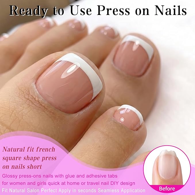 240pc White French Tip Press on Toenails Short Square False Toenail, Coffee Fake Toe Nails Kit with Glue, 12 Sizes Acrylic Glue on Nails Toes Square French Tip Press-on Toe Nail for Women Girls