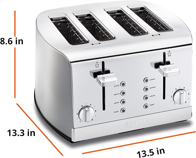 KRUPS: Breakfast Set Stainless Steel Toaster 4 Slice 1500 Watts 6 Brown Settings, Defrost, Reheat, High Lift Lever Silver, Matte and Chrome
