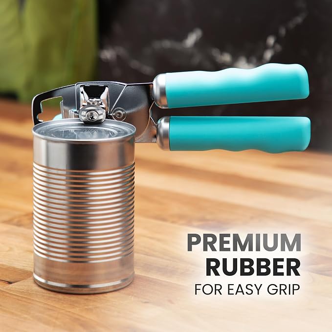 Zulay Kitchen Heavy Duty Stainless Steel Can Opener Manual with Bottle Opener - Rust Proof Manual Can Opener With Turn Knob & Comfy Soft Grip Handles - Turquoise