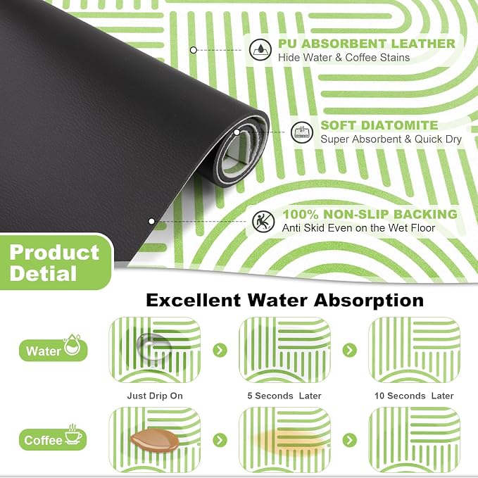 Findosom Dish Drying Mat, 12" x 20" Super Absorbent Dish Mat with Modern Geometric Striped, Hide Stain Drying Mat for Kitchen Counter, Under Dish Rack, Coffee Maker, Espresso Machine, Green & White
