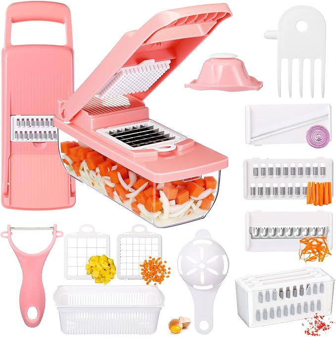 Pink Vegetable Chopper 16-in-1 Heavy Duty Food Chopper with Container Kitchen Spiralizer Gadgets for French Fry Onion Potato and Salad Cutter, Kitchen Tool