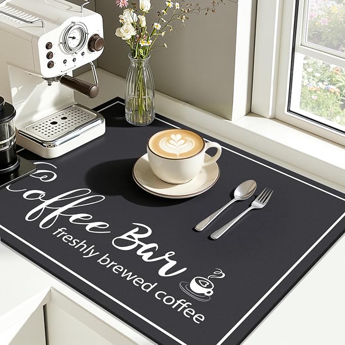 Findosom 12"x 20" Dish Drying Mat, Super Absorbent & Cuttable Coffee Mat, Hide Stain Bar Mat for Kitchen Counter, Coffee Bar Accessories, Black