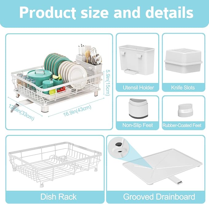 Dish Drying Rack - Space Saving Dish Rack - Dish Racks for Kitchen Counter with Drainboard,Rustproof Dish Drainer with Removable Utensil Holder,White