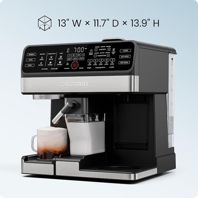 Chefman Coffee Maker Espresso Machine Combo, 8-in-1 Coffee Station with Automatic Milk Frother for Lattes, Cappuccinos, Macchiatos, 20-Bar Pump, 12-Cup Carafe & 3L Water Tank - Black