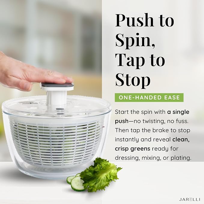 Glass Salad Spinner with Storage Lid, 6 Quart Borosilicate Glass Bowl, Push Button Drying Lid, BPA-Free Draining Basket Doubles as Serving Bowl & Colander, Lettuce, Vegetable, & Fruit Washer