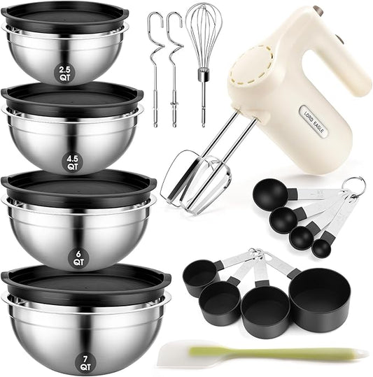 Lord Eagle 5-Speed Hand Mixer Electric With 4 Mixing Bowls Set | 300W Lightweight Kitchen Handheld Mixer with Measuring Cups & Spoons, Stainless Steel Bowls, Baking Supplies for Cake, Cream