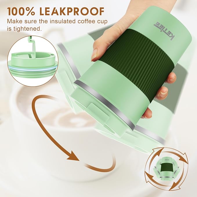 KETIEE 12oz Travel Mug, Insulated Coffee Cup with Leakproof Lid, Travel Coffee Mug Vacuum Stainless Steel Double Walled Reusable Tumbler for Hot and Cold Drinks (Green) | Travel Coffee Mug Vacuum Stainless Steel Double Walled Reusable Tumbler for Hot a...