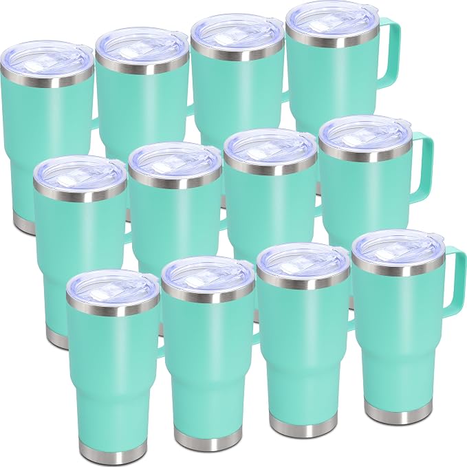 20 oz Tumbler with Handle Coffee Tumblers with Lid Travel Mug LightBlue 12P | 20oz Tumblers with Handle Double-Wall Insulated Vacuum Coffee Mugs Stainless Steel Tumbler with Handles&Lid Light Blue 12P
