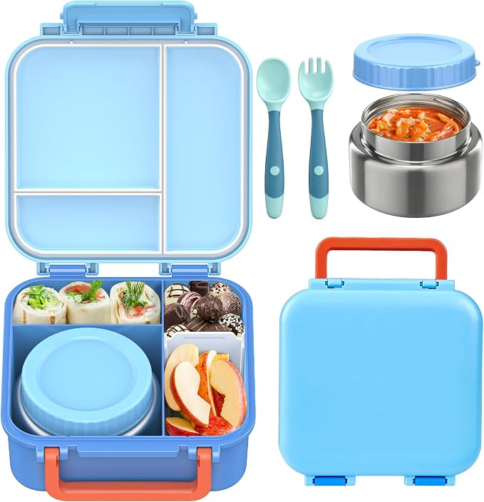 Kids Bento Lunch Box with Soup Thermo (9oz)– Hot & Cold Lunch Container with Leak Proof Insulated Food Jar for School Girls Boys, Ideal Size for Ages 3 to 7, Sky Blue & Coral
