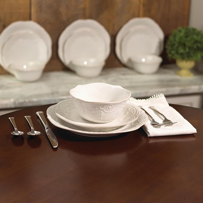 Lenox French Perle White Stoneware Dinnerware Set with All-Purpose Bowls | dishwasher safe, microwave safe | plates and bowls sets for kitchen and dining, dish set, dishes | 20oz