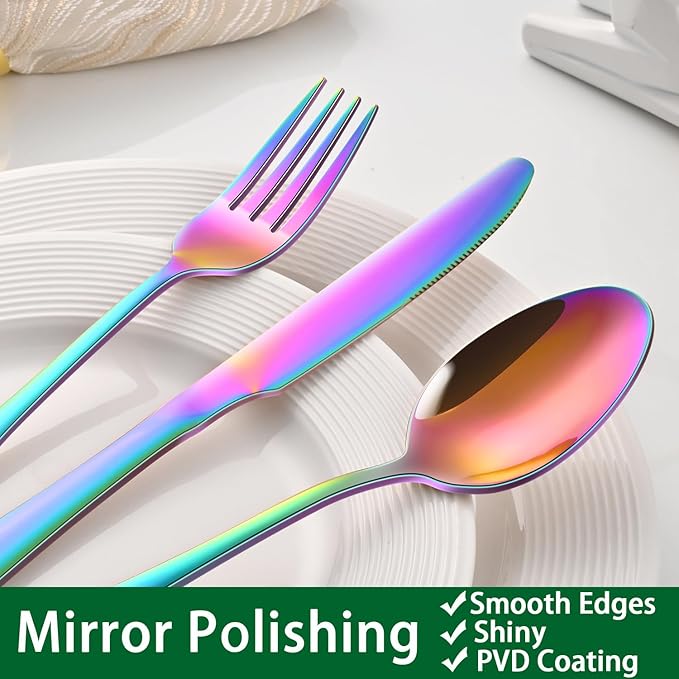 Rainbow 24 Pieces Stainless Steel Silverware Sets With Steak Knives Service For 4,Colorful Eating Utensils Set Includes Knife Spoon Fork For Kitchen Flatware Sets