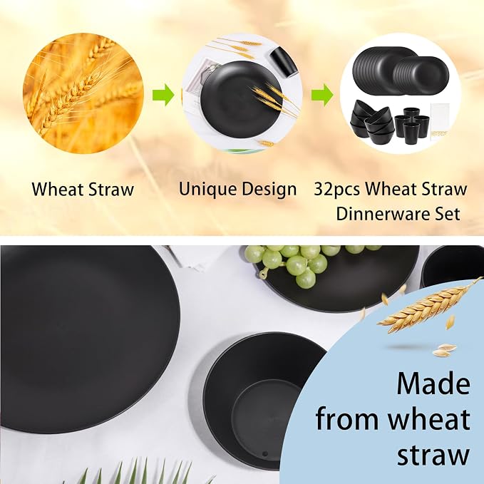 32pc Reusable Black Wheat Straw Dinnerware Sets Black Dishes for 8 | Unbreakable dishes set includes plates, bowls, cups, and napkins. Lightweight, stackable, and dishwasher safe for outdoor use