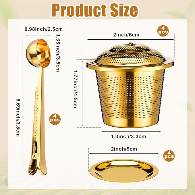 4 Pcs Tea Infuser Strainers for Loose Tea with Scoop, Extra Fine Mesh Steeper 304 Stainless Steel Diffuser Leaf Holder with Extended Chain Hook for Brew, Spices, Seasoning, Gold