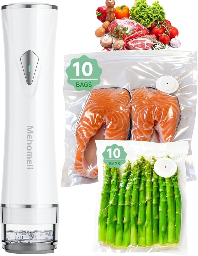 Compact Handheld Vacuum Sealer for Food with 20 Reusable Bags | Powerful 60 kPa suction, Keeps food fresh up to 6X longer, Cordless handheld design, Ideal for meal prep and food storage