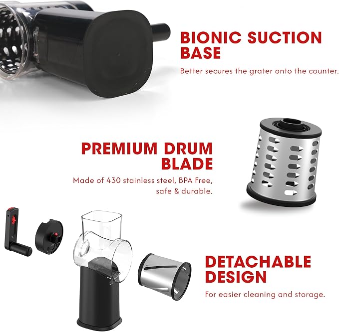 Rotary Cheese Grater Hand Crank with Foldable Handle, Three Blades | Perfect Graters for Kitchen, Fresh Cheese, Vegetables, Nuts, Shredder Hand Crank with Suction Base, Rotary Grader
