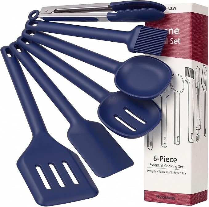 Kitchen Utensils Set 6 PCS,Silicone Cooking Utensils Set Spatula Set,446℉ Heat Resistant Cooking Utensils,Tongs,Spoon,BPA Free Kitchen Gadgets Appliances for Non-Stick Cookware,Home Essential(BLUE-6P)