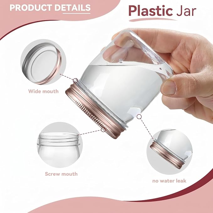 novelinks 8 oz Plastic Mason Jars and Clear Plastic Jars with Lids 8 oz | 24 Pack, Rose Gold, Plastic Containers with Lids, Small Mason Jars, Clear Jars Bulk, Spice Jars, Slime Jars, Mini Jars
