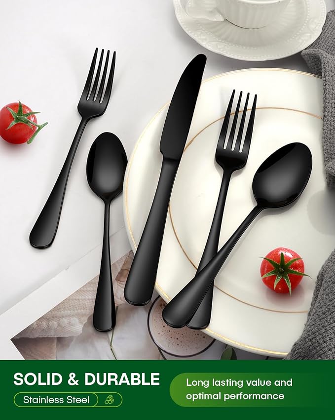 PHILIPALA 20 Piece Black Silverware Set, Stainless Steel Flatware Set for 4 Food Grade Cutlery Utensil Set Include Knife Fork Spoon Mirror Polished Dishwasher Safe
