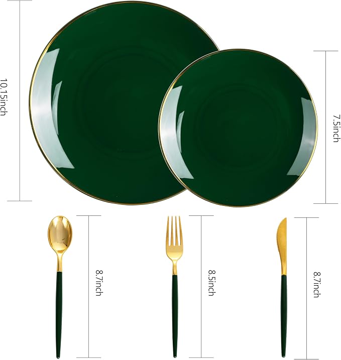 DaYammi 150Pcs Green Plastic Plates with Gold Rim,Gold and Green Disposable Plates with Cutlery Included 30 Dinner Plate,30 Dessert Plate,30 Knives,30 Forks,30 Spoon, green plates for Party Dinner