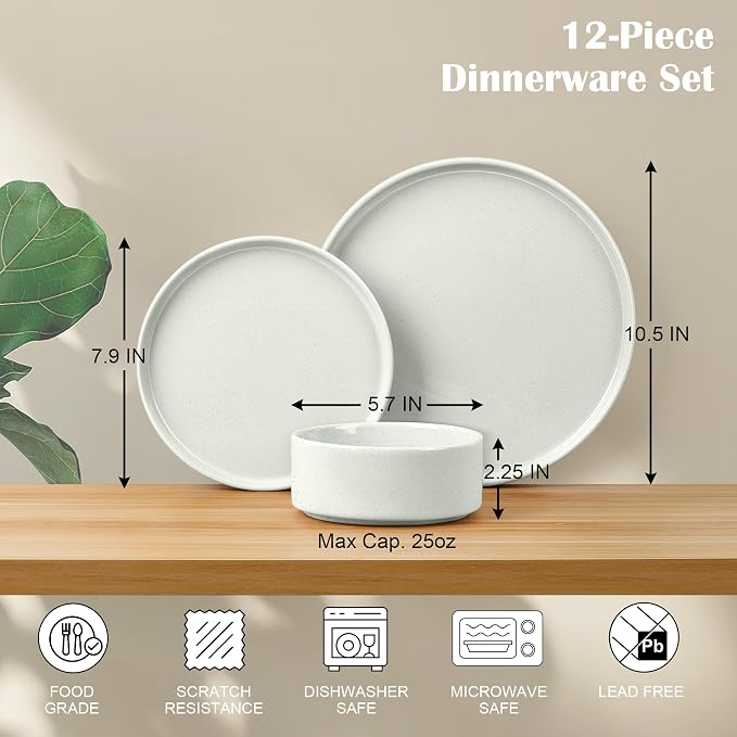 E-far Stoneware Dinnerware Sets, 12-Piece Plates and Bowls Set for 4, White | Kitchen Modern Dishes Dining Ware, Chip and Scratch Resistant, Microwave & Dishwasher Safe, Speckled White