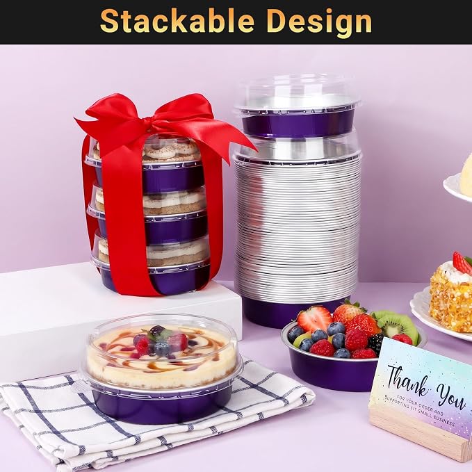 Beasea Mini Ramekins with Lids, 100 Pack 7.3oz Disposable Aluminum Tart Pie Baking Tins Pans, 4 Inch Small Individual Cheesecake Tart Containers Oven Baking Dishes for Party - Violet Purple