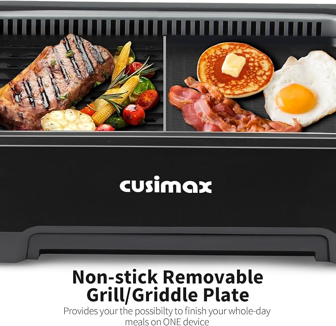 Smokeless Indoor Grill, CUSIMAX 1500W Electric Grill Korean BBQ Grill,Black | with Non-stick Removable Grill/Griddle Plates, Smart LED Display & Adjustable Temperature, Tempered Glass Lid, Easy Cleanup