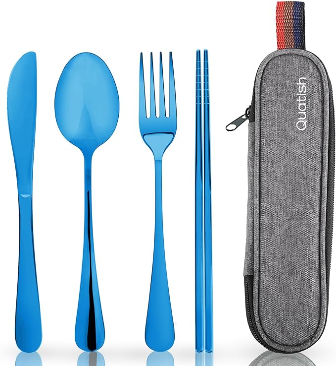 Travel Utensils with Case, Quatish Portable Silverware Set for Work, Stainless Steel Reusable Travel Cutlery, Fork and Spoon Set for Camping, Picnic, Gadgets, Lunch Box for Men, Christmas Gift, Blue