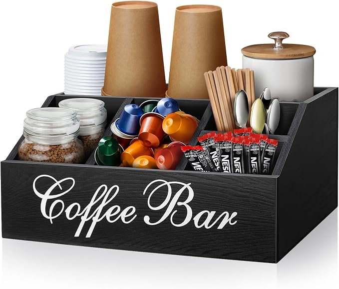 Wood Coffee Station Organizer for Counter | Farmhouse Coffee Bar Organizer | Coffee Pods Holder Bar Accessories | Tea Condiment Storage Basket | Home Decor