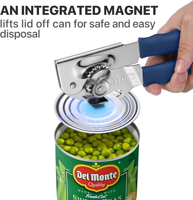 UHIYEE Heavy Duty Hand Can Opener with Comfortable Grip for Seniors, Blue | Manual Can Opener, Hardened Steel Blade, Rubber-Coated Handle, Oversize Knob, Built-in Magnet & Bottle Opener