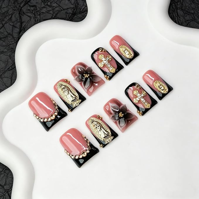 10 Pcs Flower Press on Nails Handmade False Nails Short Duck Gothic Style with 3D Golden Rhinestone Designs Black French Tip Stick on Nails Sparkling Diamond Decor Thick Acrylic Nail for Women (S)
