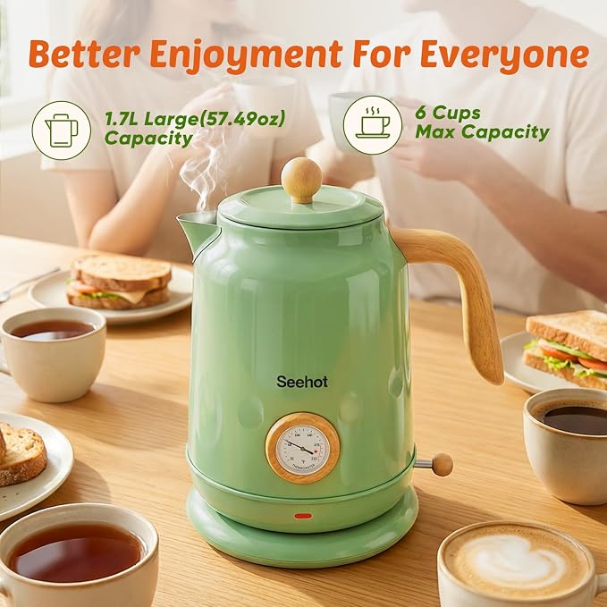 Seehot® Electric Kettle With Thermometer, 1.7L 1200W,Green | Auto shutoff, boil-dry protection,water-contact stainless steel, cordless base for coffee and tea