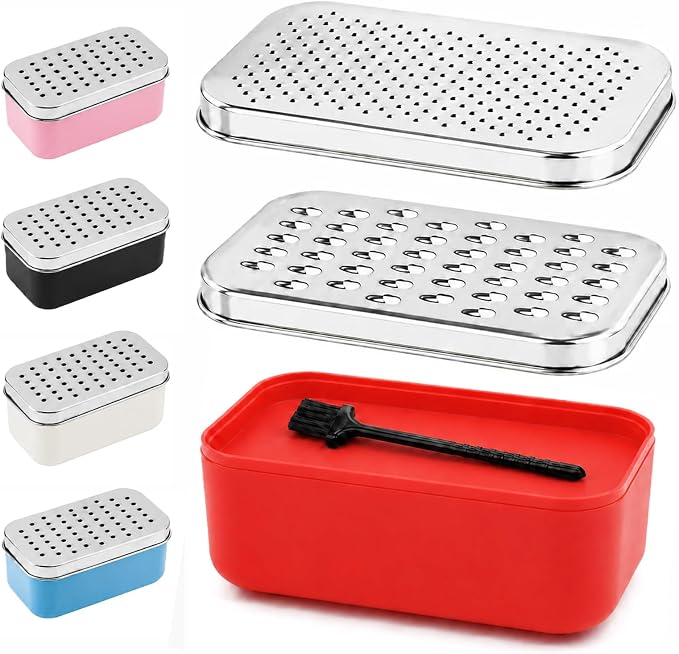 Cheese Grater with Storage Container, Box Grater Stainless Steel for Vegetables, Cheese Shredder 2 Sharp Blades for Fine & Coarse, Non-Slip Base, Lemon Zester, Includes Cleaning Brush(Red)
