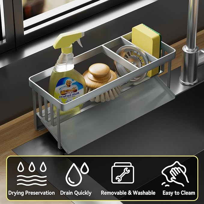 Kitchen Sink Caddy Organizer for Kitchen Countertop Organizers Silver | 304 Stainless Steel, Removable Drip Tray, Home Decor Accessories