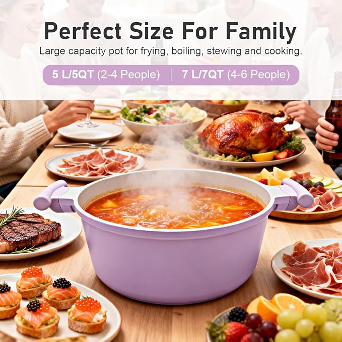 AIKENBBKK 7 Quart Stock Pot with Lid, Non Stick Cooking Pot, Ceramic Soup Pot Nonstick, Induction Cookware for Pasta,Soup,Spaghetti, Stay-Cool Handle, Suitable for All Stoves, Purple