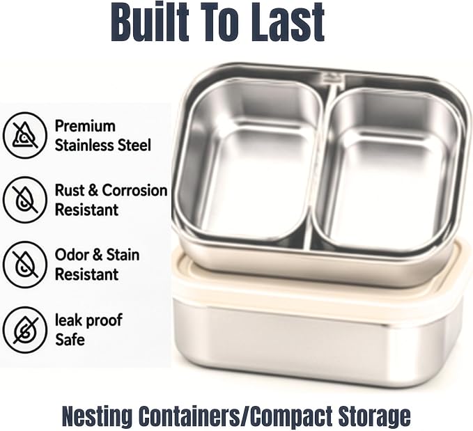 Stainless Steel Lunch Box Containers, 27 OZ + 9 OZ Set, Stainless Steel Bento Box, Metal Lunch Box, Sandwich & Snack Containers, Leak Proof SIlicone Lids,Small Vanilla - 1 * 27OZ + 2 * 9 OZ