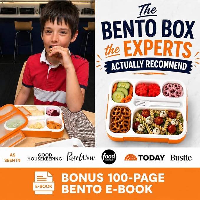 Bento Lunch-Box Set for Kids includes Snack Container | 6 and 3 Divided Compartment Boxes School Bentos or Meal Portion Control Containers BPA Free, Boys Girls Adults, Orange Large + MINI 2 pack