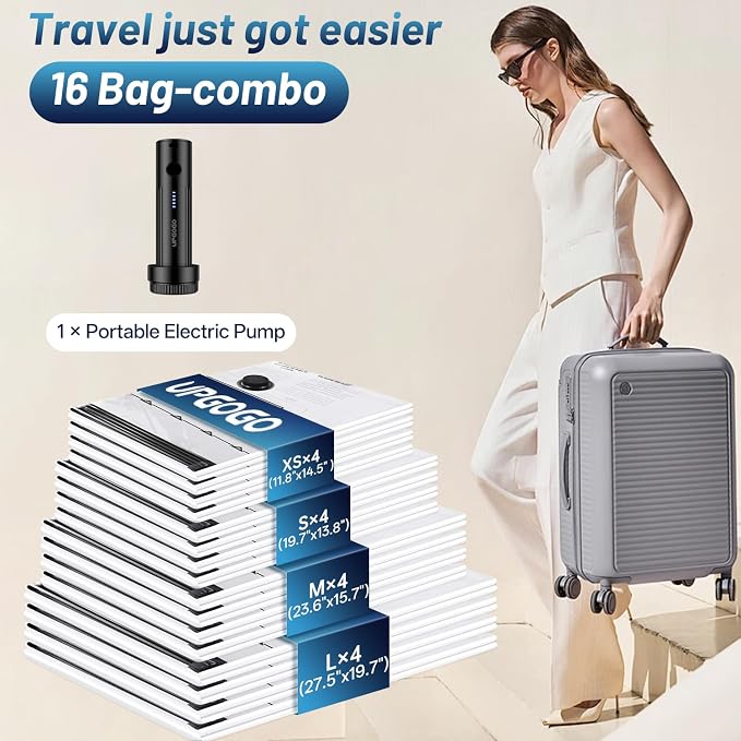 UPGOGO Travel Vacuum Bags for Luggage with Portable Electric Pump,Vacuum Seal Bags for Clothing,Packing Cubes Compression,Cruise Ship and Travel Essentials(Combo 16 Pack)