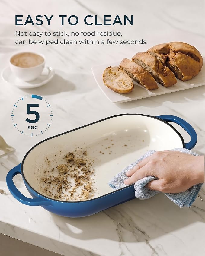 Enameled Cast Iron Bread Oven, 5QT Cast Iron Dutch Oven for Homemade Sourdough Bread Baking, Oval Bread Pot with Dome Lid & Cotton Potholders, Navy Blue