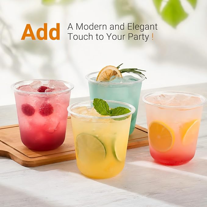 100 Pcs 12 oz Round Bottom Plastic Cups, Crystal Clear Disposable Stemless Wine Glasses Cocktail Cups for Party, Wedding, Birthday, Catering Cold Drinks