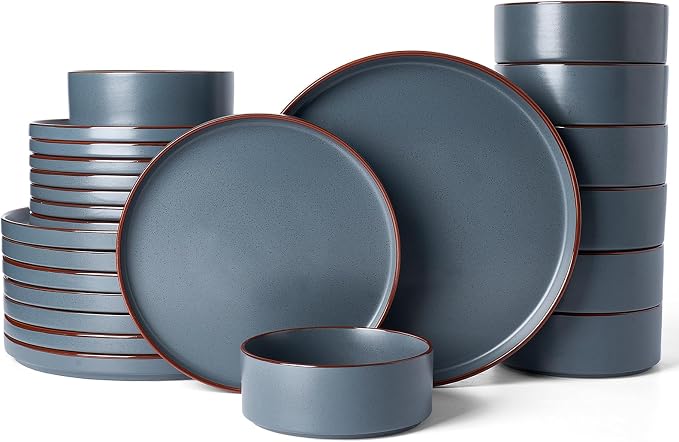 Famiware Nebula Ridge 24-Piece Stoneware Dinnerware Set, Charcoal | Plates and Bowls for 8, Warm Hand-Painted Rims, Microwave and Dishwasher Safe, Daily Essentials